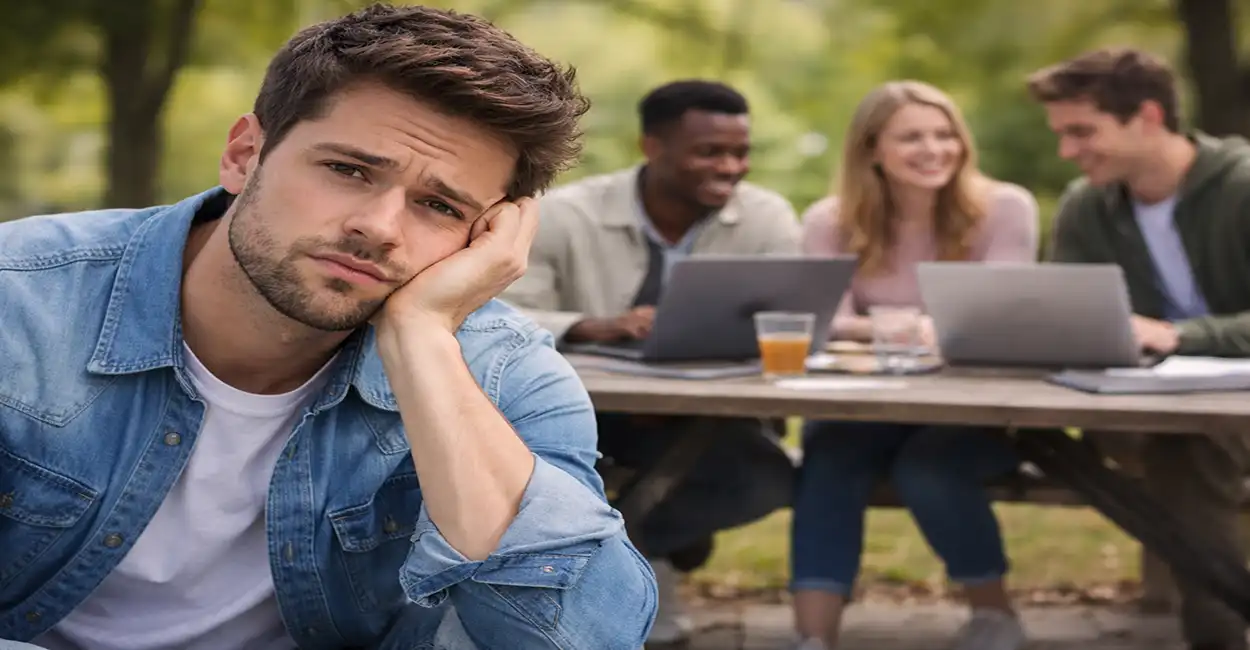 Jovem observando amigos trabalhando enquanto está em casa no computador - pressão social por emprego