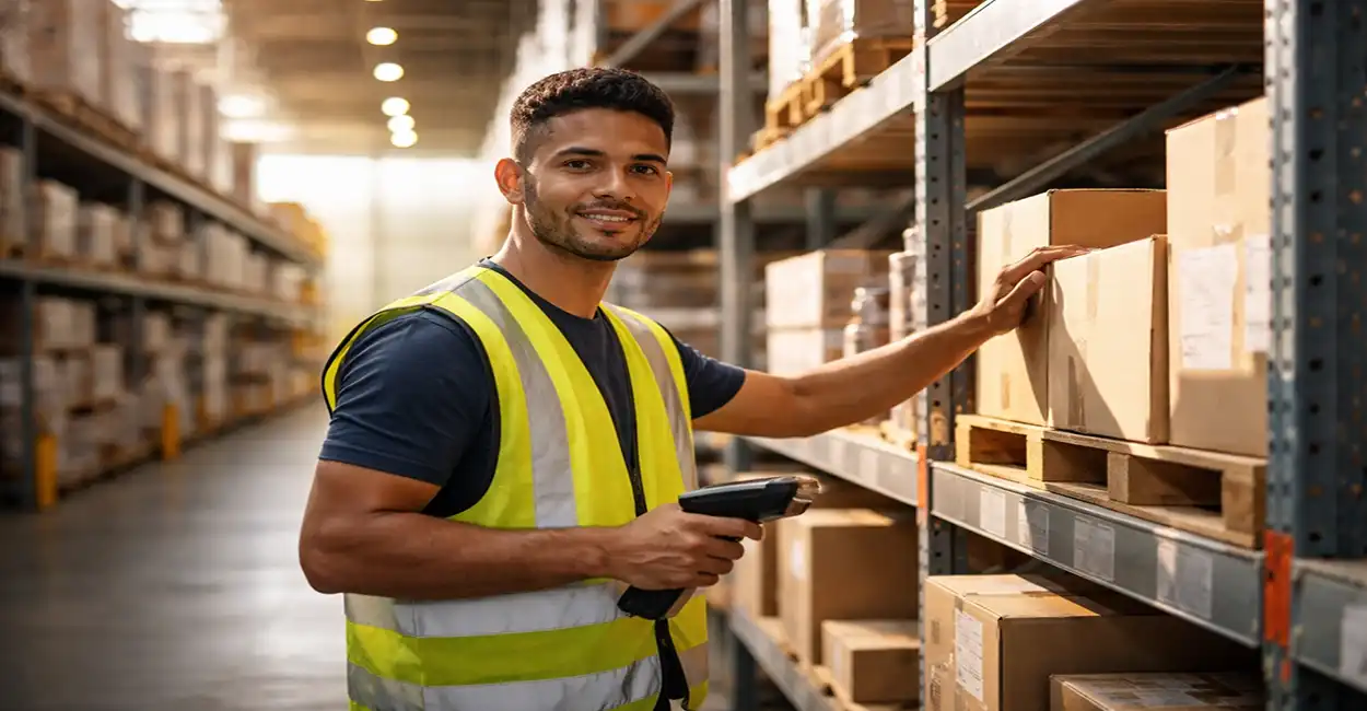 Auxiliar de Logística organizando mercadorias em armazém com empilhadeira ao fundo