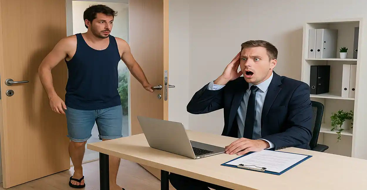 Candidato entrando de bermuda e chinelo em uma entrevista de emprego