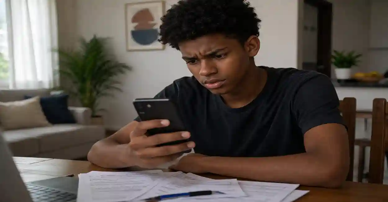 Jovem aprendiz segurando contracheque e celular com expressão de dúvida