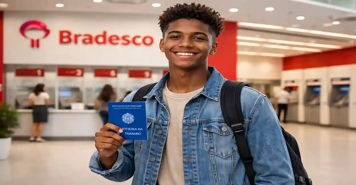 Jovem aprendiz Bradesco uniformizado sorrindo