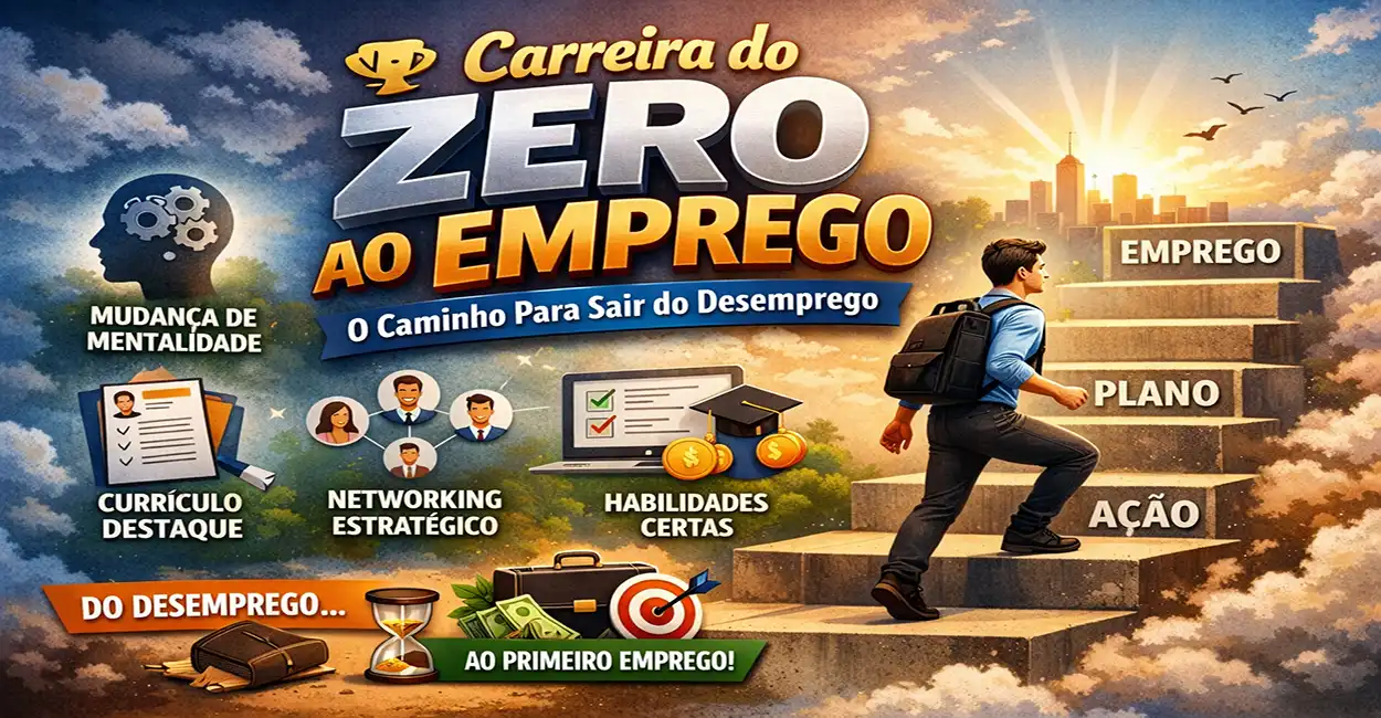 Jovem profissional subindo degraus de carreira com confiança e determinação, simbolizando crescimento profissional