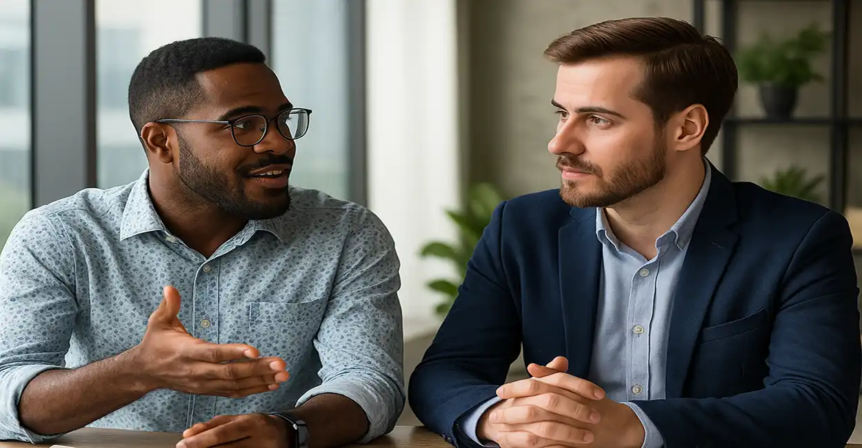Dois homens sentados a mesa conversando