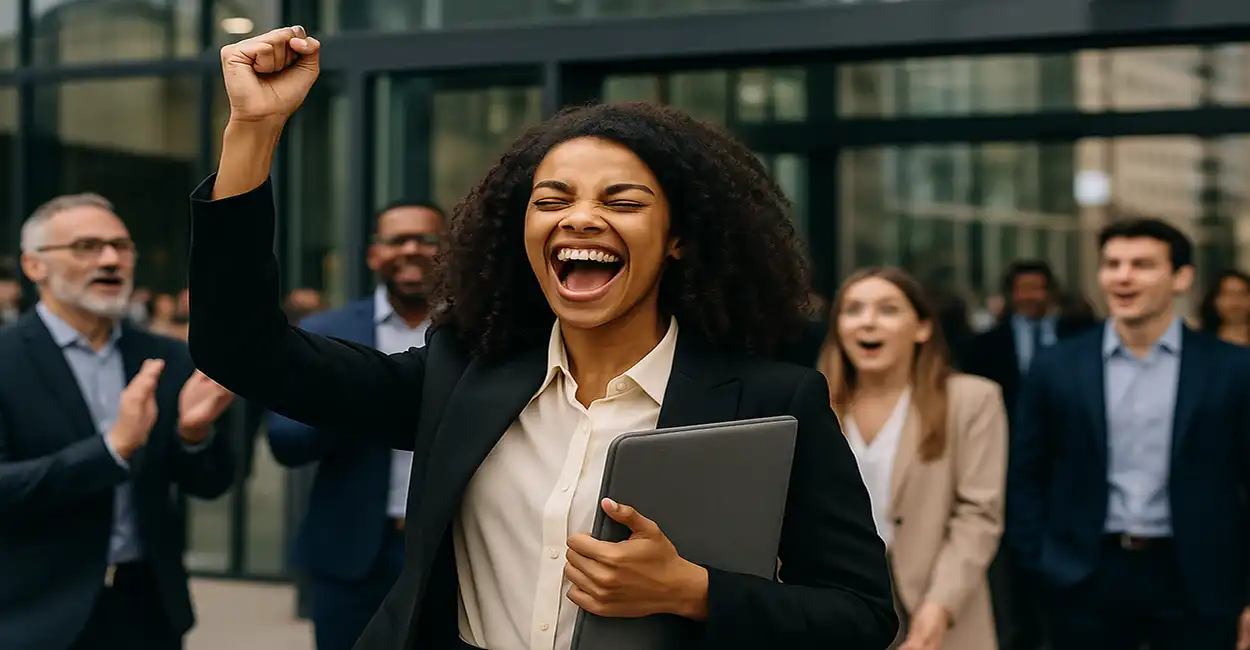 Mulher comemorando vitória na entrevista de emprego