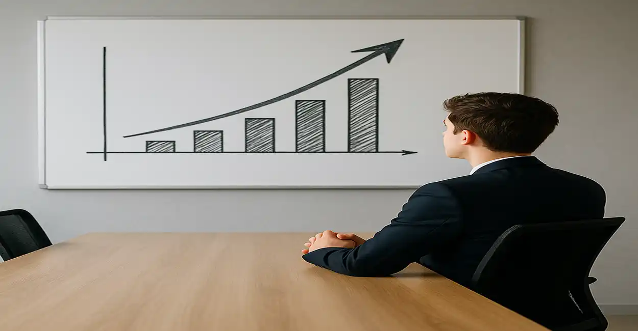 Jovem sentado a mesa de uma grande sala, olhando para um gráfico em crescimento