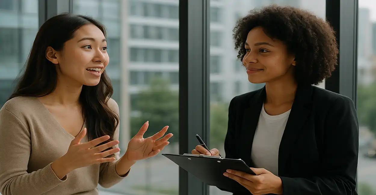 Mulher sorrindo na entrevista de emprego falando sobre ela mesma