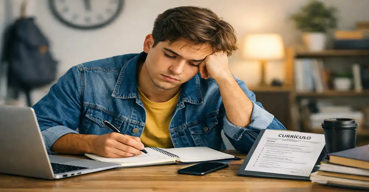 Jovem aprendiz cansado tentando conciliar escola e trabalho em sua rotina diária - desafios e soluções