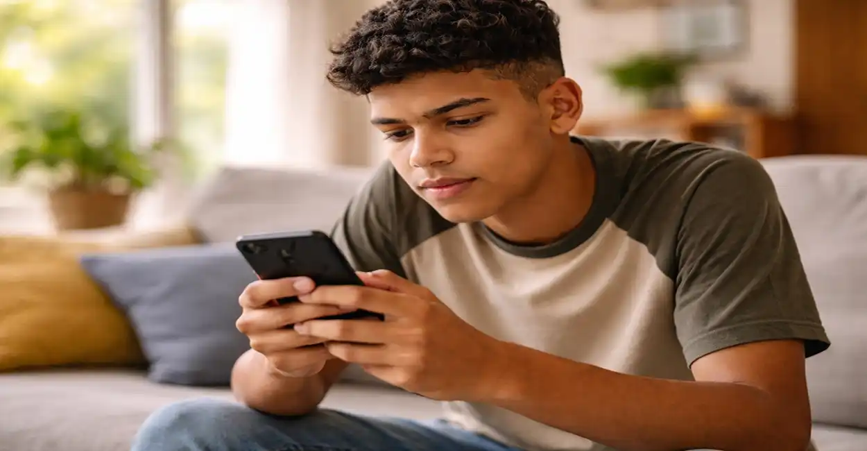 Estudante utilizando smartphone para consultar o benefício do Pé-de-Meia