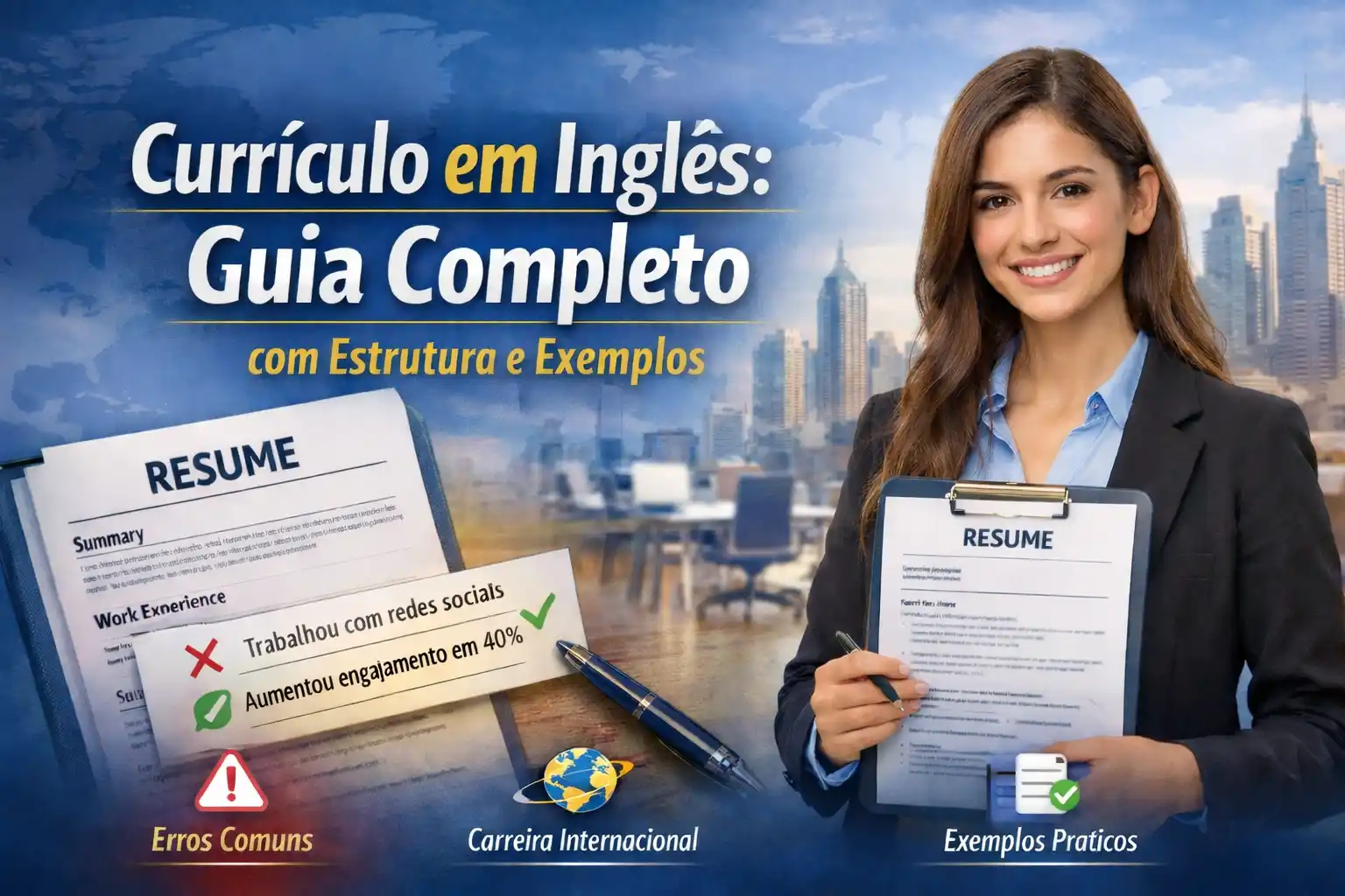 Mulher segurando currículo em inglês com fundo de escritório moderno