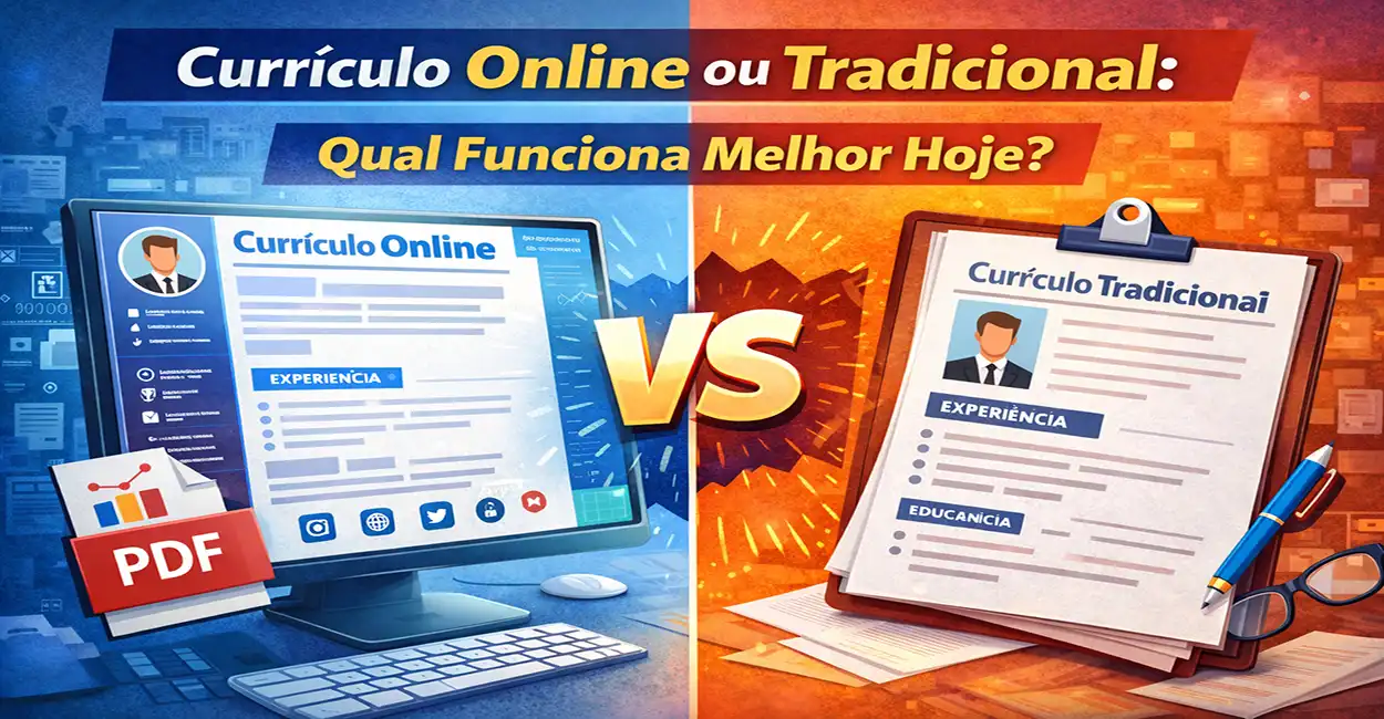 Comparação visual entre currículo online moderno e currículo tradicional em papel