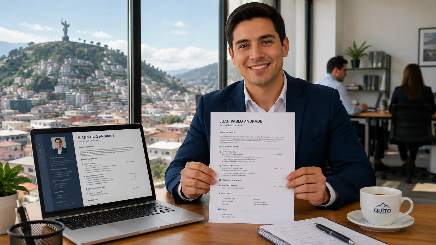 Profesional ecuatoriano revisando un currículum en una oficina moderna en Quito