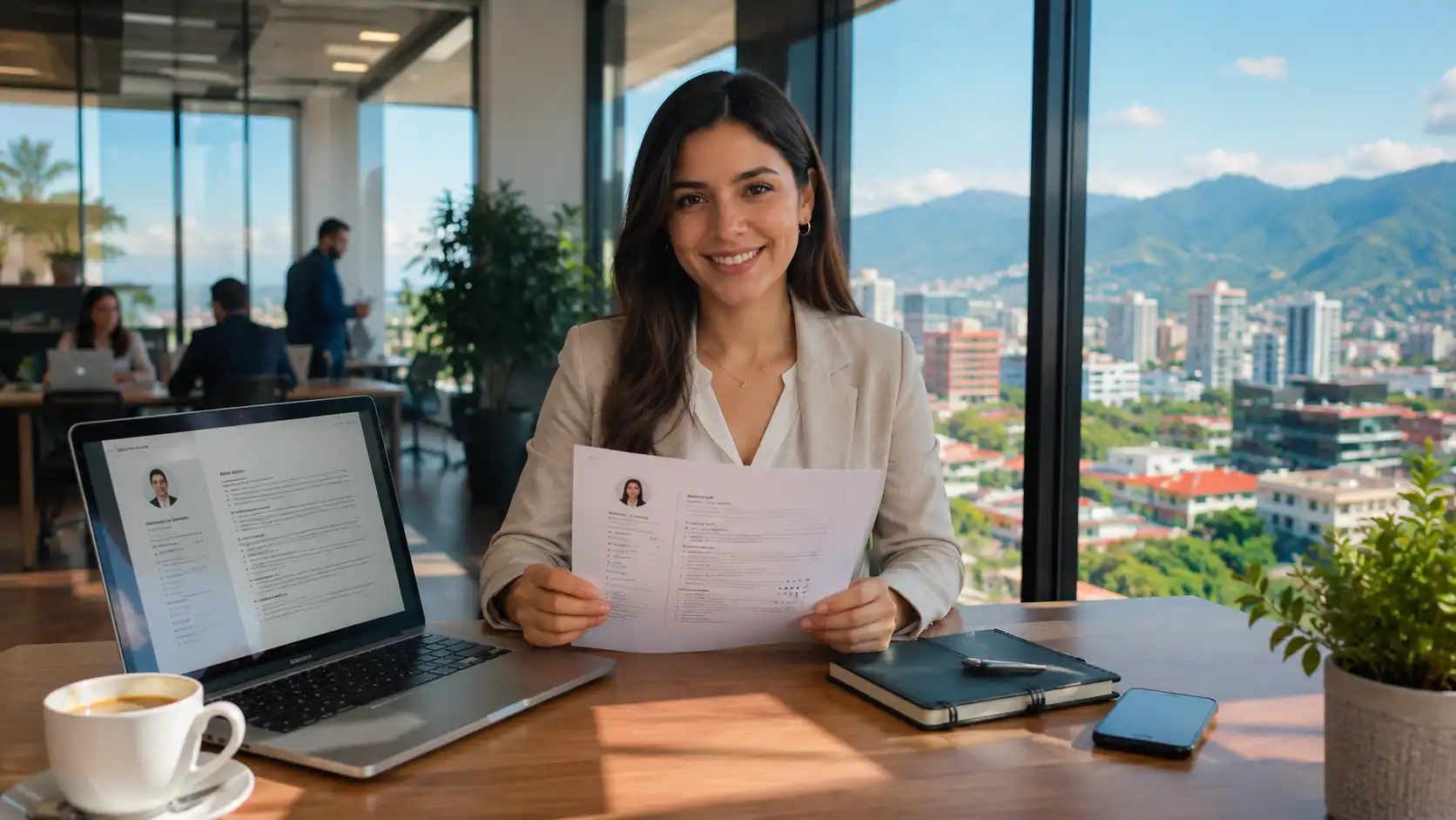 Profesional costarricense revisando un currículum en una oficina moderna en San José
