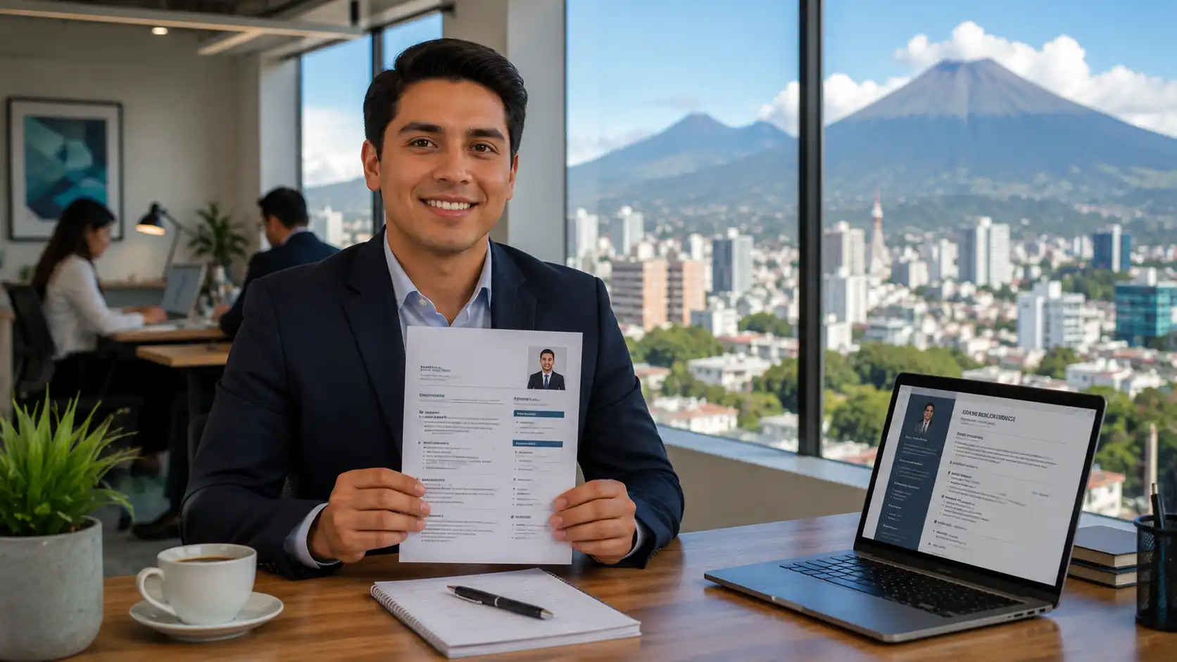 Profesional guatemalteco revisando un currículum en una oficina moderna en Ciudad de Guatemala