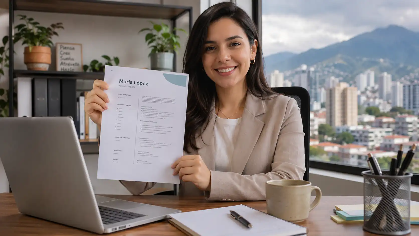 Profesional peruano revisando un currículum en una oficina moderna en Lima