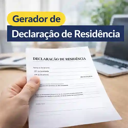 Declaração de residência sendo gerada em um computador, com documentos e casa ao fundo