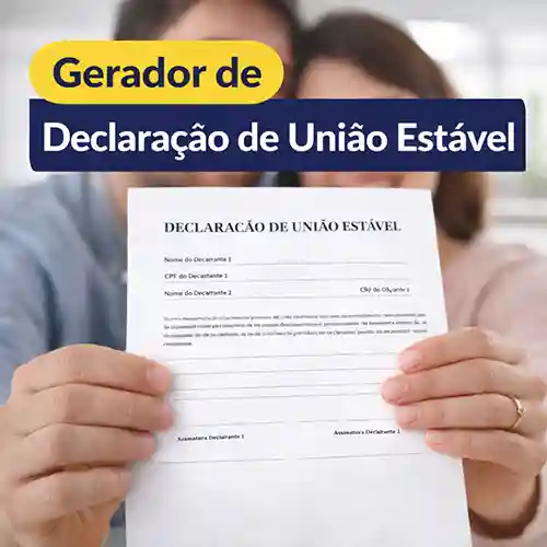 Declaração de união estável sendo preenchida em um computador, com casal e documentos ao fundo