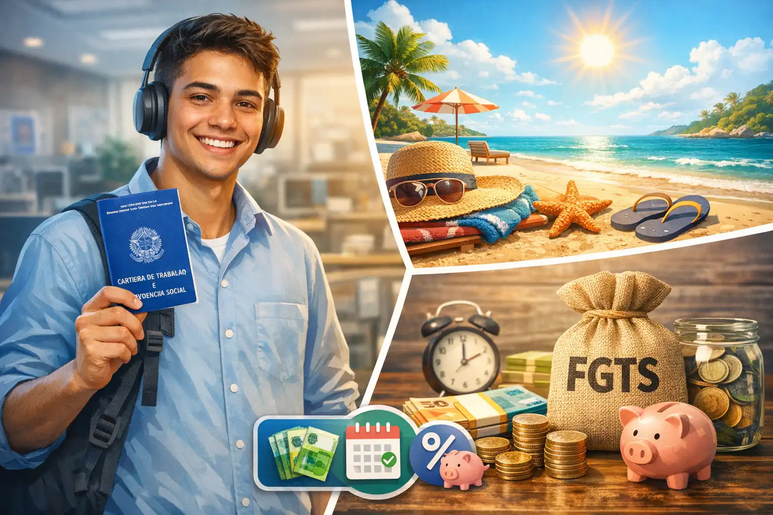 Jovem aprendiz segurando carteira de trabalho e documentos de direitos trabalhistas