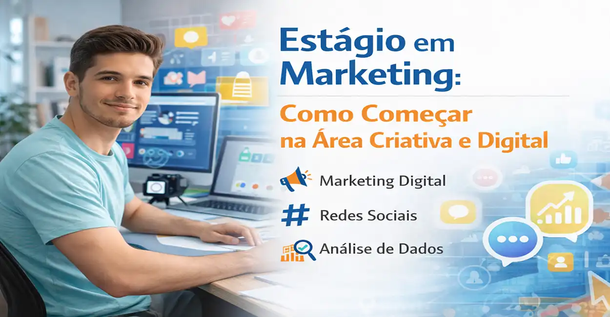 Estagiário de marketing trabalhando em campanha digital com múltiplas telas
