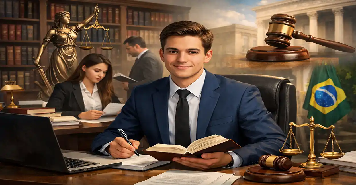 Estudante de Direito em ambiente de escritório