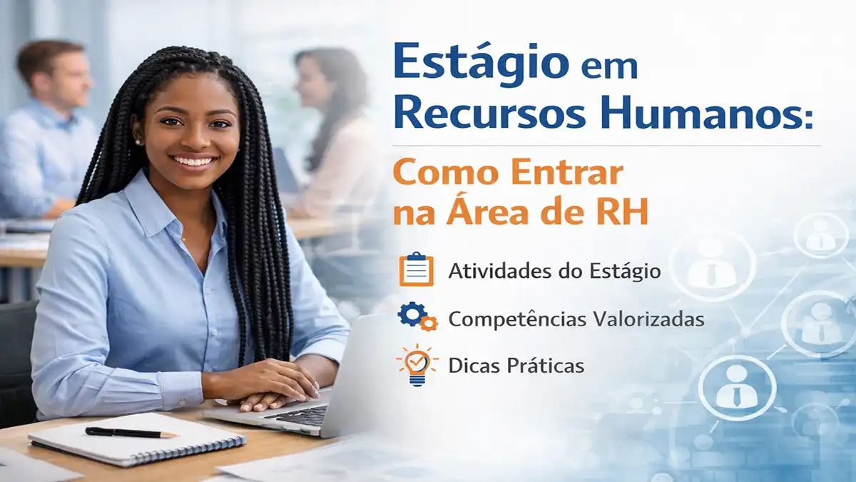 Estagiário de Recursos Humanos em reunião com equipe em escritório moderno