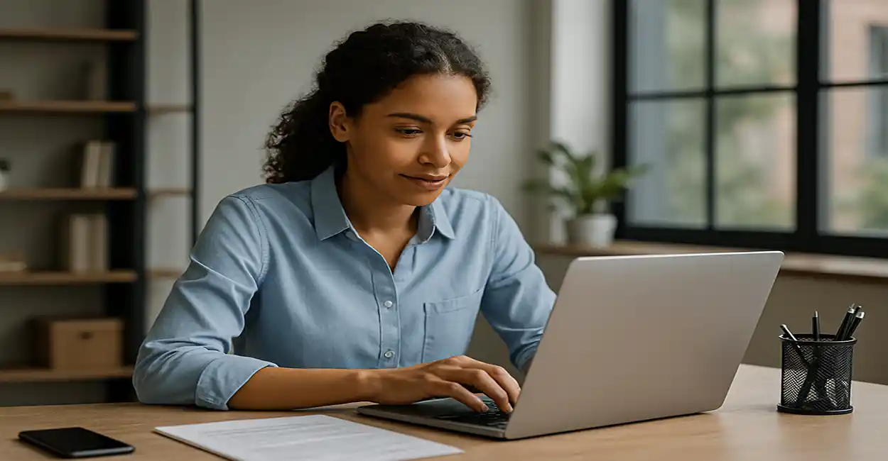 Mulher no computador fazendo um currículo