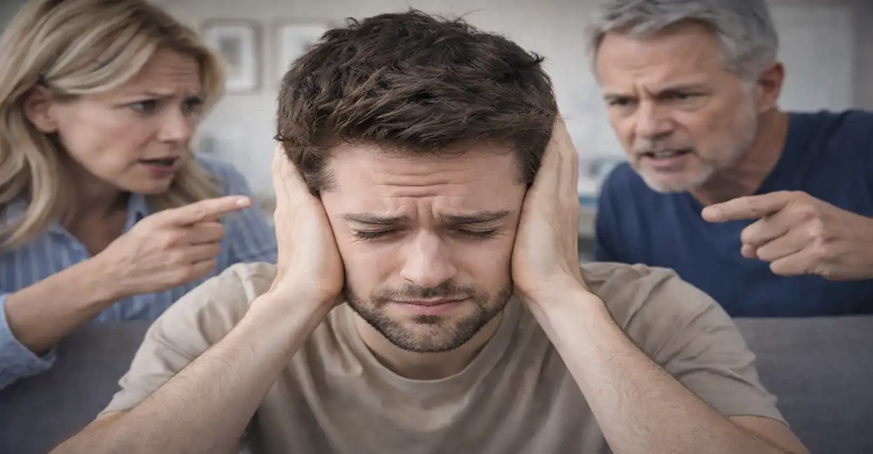 Jovem em conversa tensa com familiares sobre busca de emprego - pressão familiar