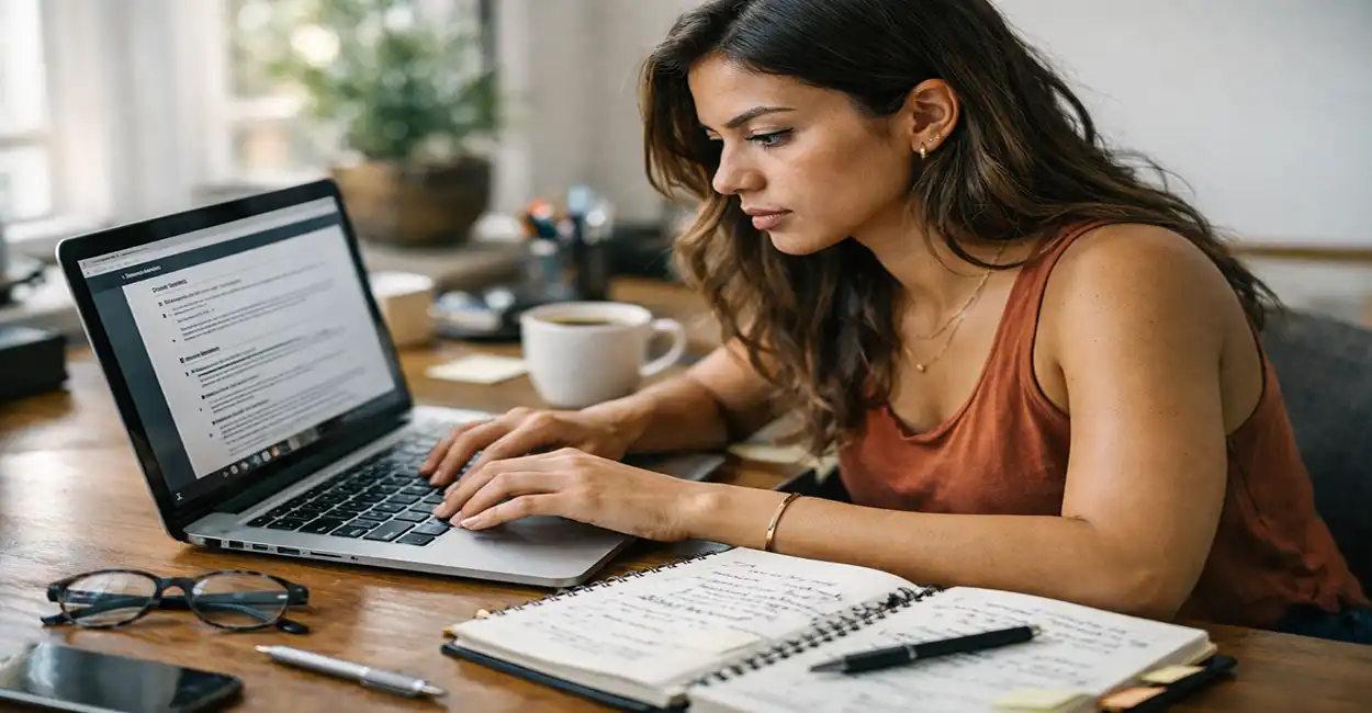 Pessoa escrevendo frases prontas em um caderno para usar no currículo