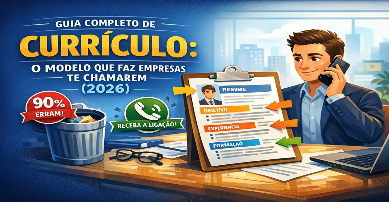 Modelo de currículo profissional sendo analisado por recrutador, com setas destacando as seções mais importantes