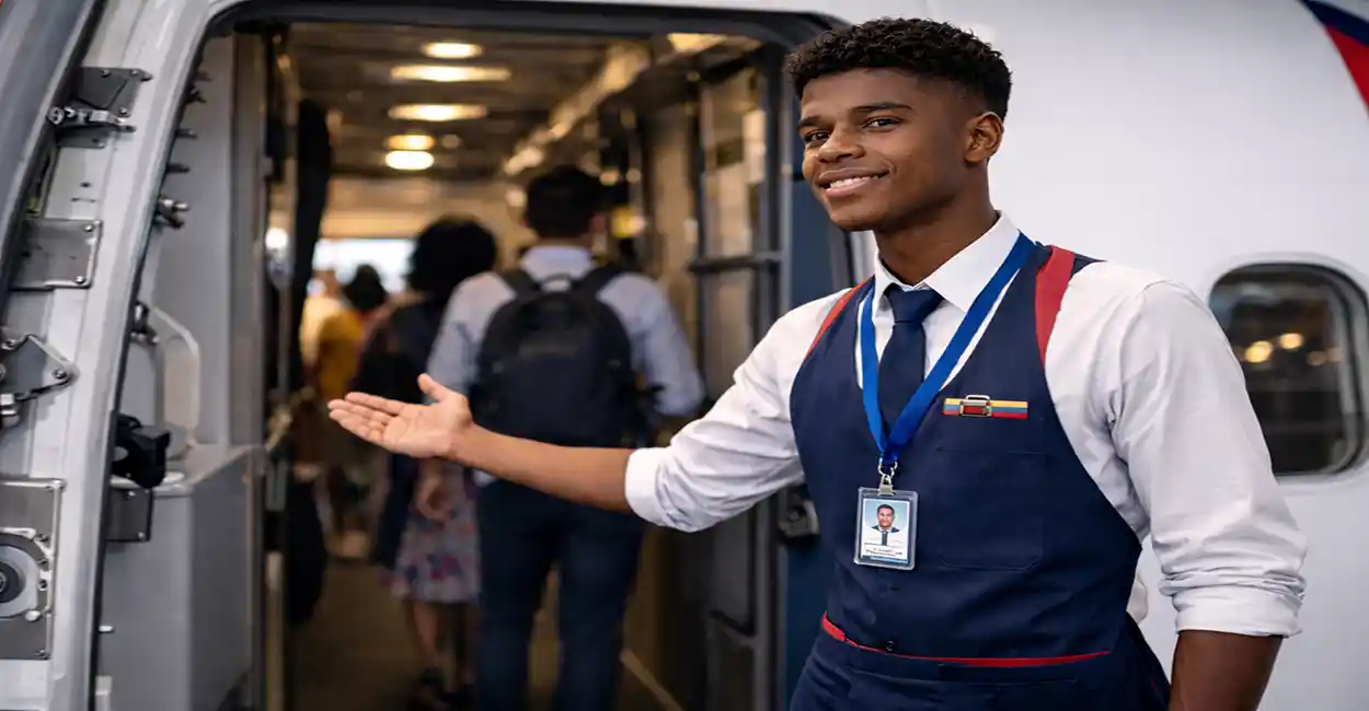 Jovem aprendiz uniformizado trabalhando em um aeroporto