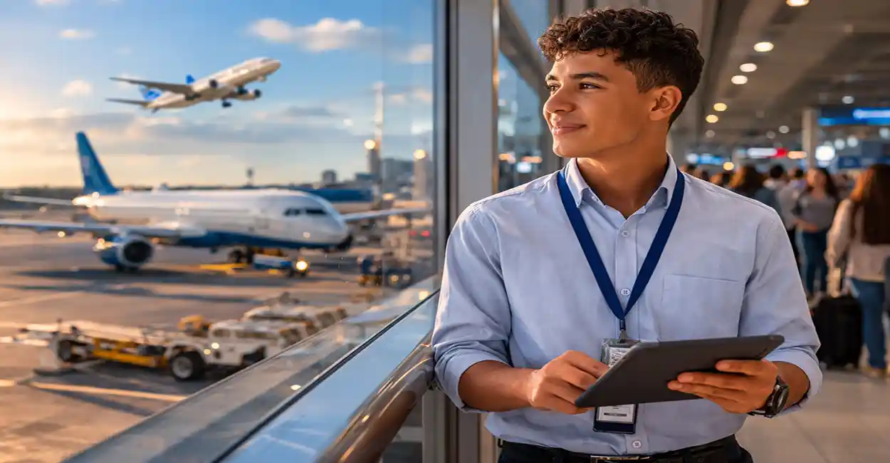 Jovem aprendiz uniformizado trabalhando no Aeroporto de Congonhas