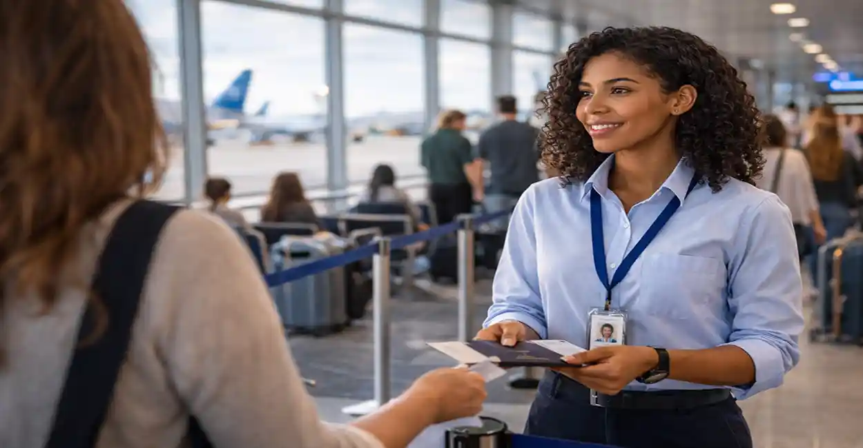 Jovem aprendiz uniformizado trabalhando no Aeroporto Internacional do Galeão
