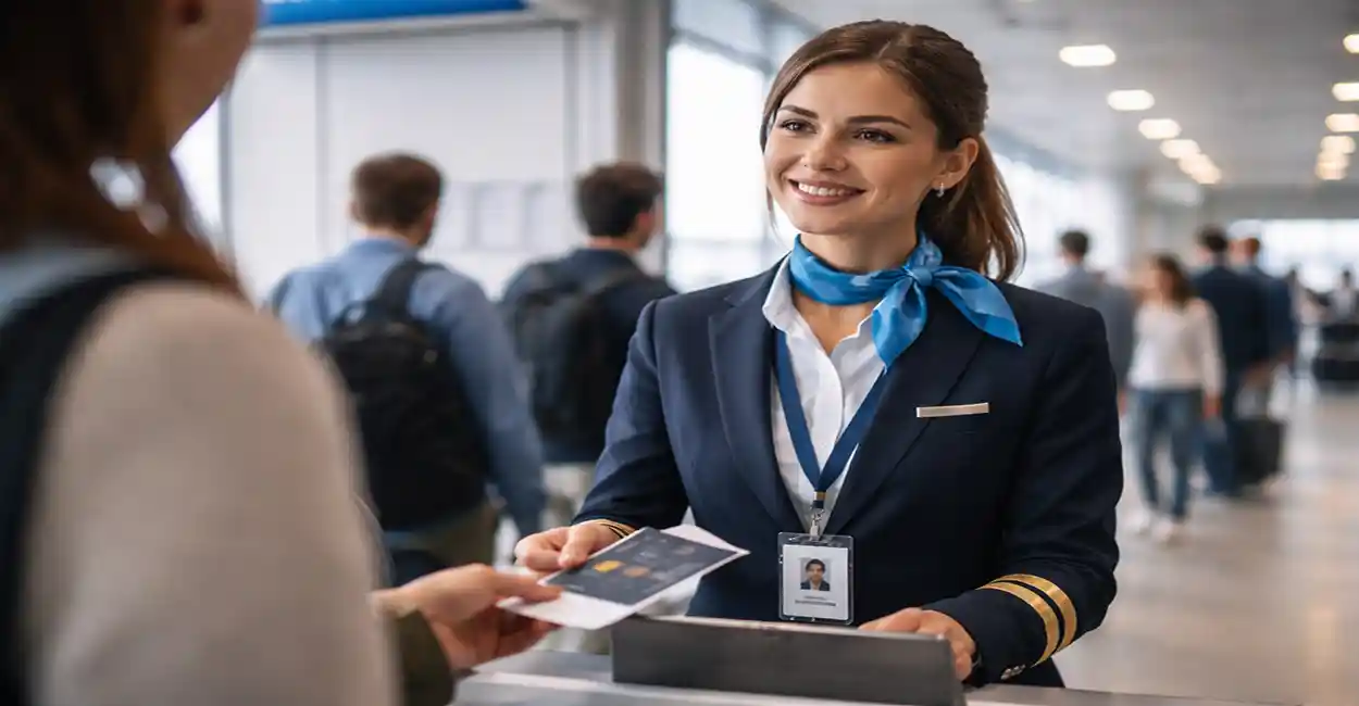 Jovem aprendiz uniformizado trabalhando no Aeroporto de Guarulhos