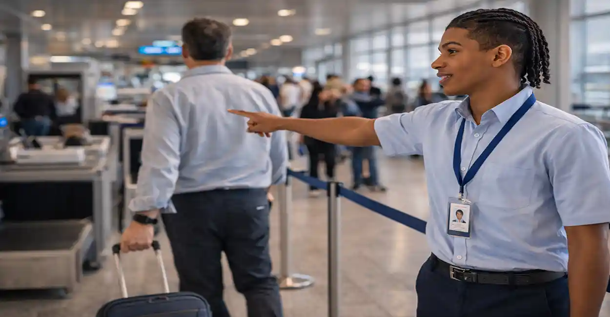 Jovem aprendiz uniformizado trabalhando no Aeroporto Internacional de Viracopos