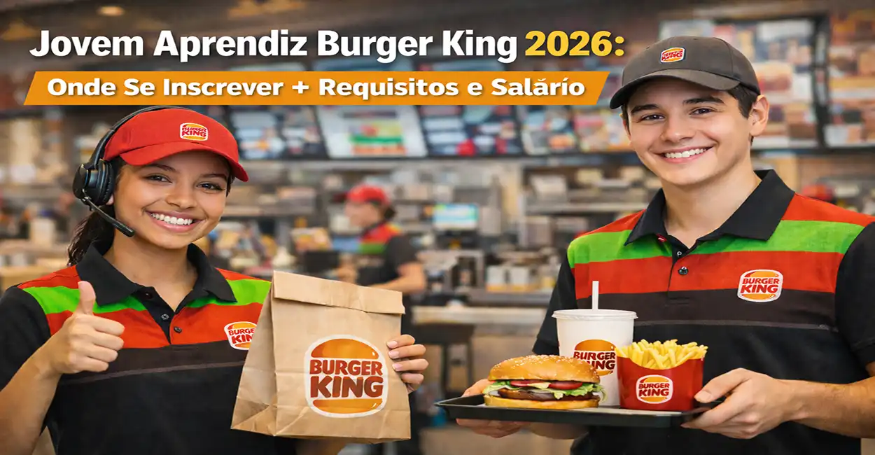 Jovem aprendiz do Burger King usando uniforme e atendendo no balcão