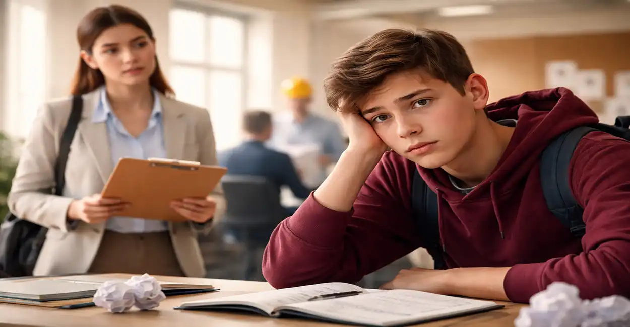 Jovem aprendiz preocupado com faltas na escola e caderno aberto
