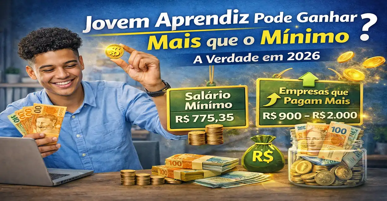 Jovem aprendiz comparando salário mínimo com salário acima do mínimo em empresas que pagam mais em 2026