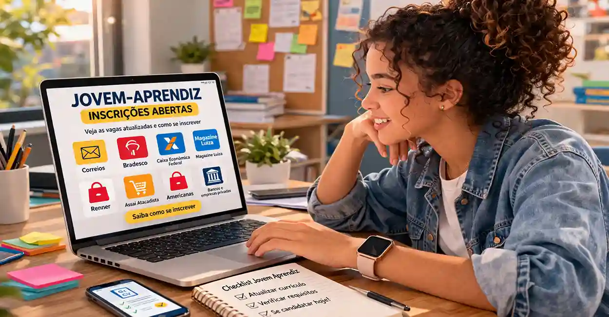 Jovem aprendiz feliz usando computador em escritório