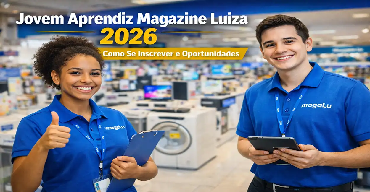 Jovem aprendiz da Magazine Luiza usando uniforme e segurando um tablet