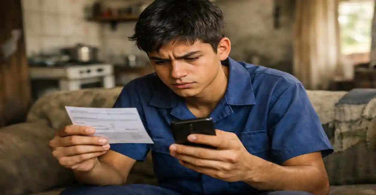 Jovem aprendiz com holerite e celular em casa