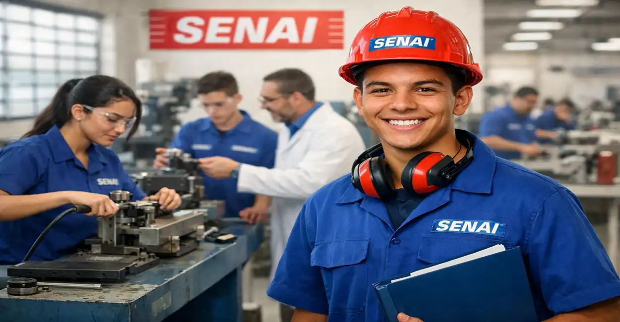 Jovens em uniforme do SENAI em sala de aula prática