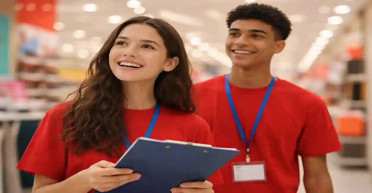 Jovem aprendiz uniformizado da Americanas sorrindo e segurando crachá