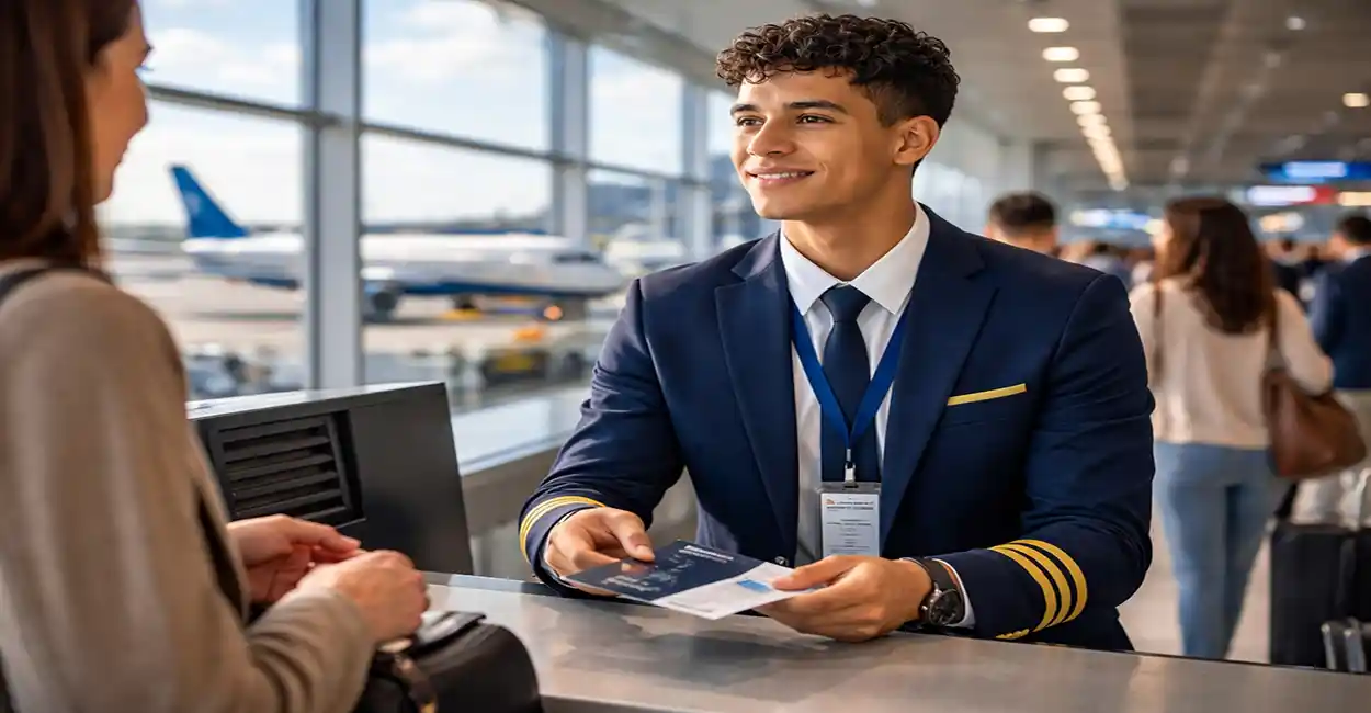 Jovem aprendiz uniformizado da Azul Linhas Aéreas trabalhando no aeroporto