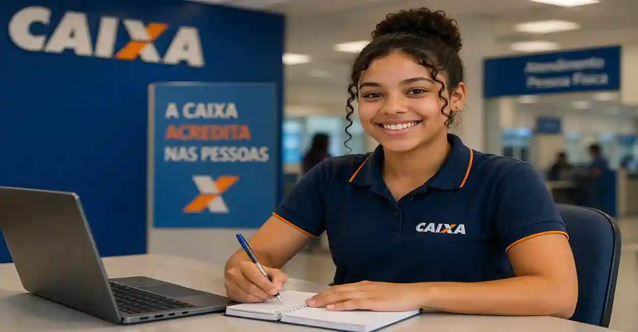 Jovem aprendiz confiante na Caixa Econômica Federal - oportunidade de carreira