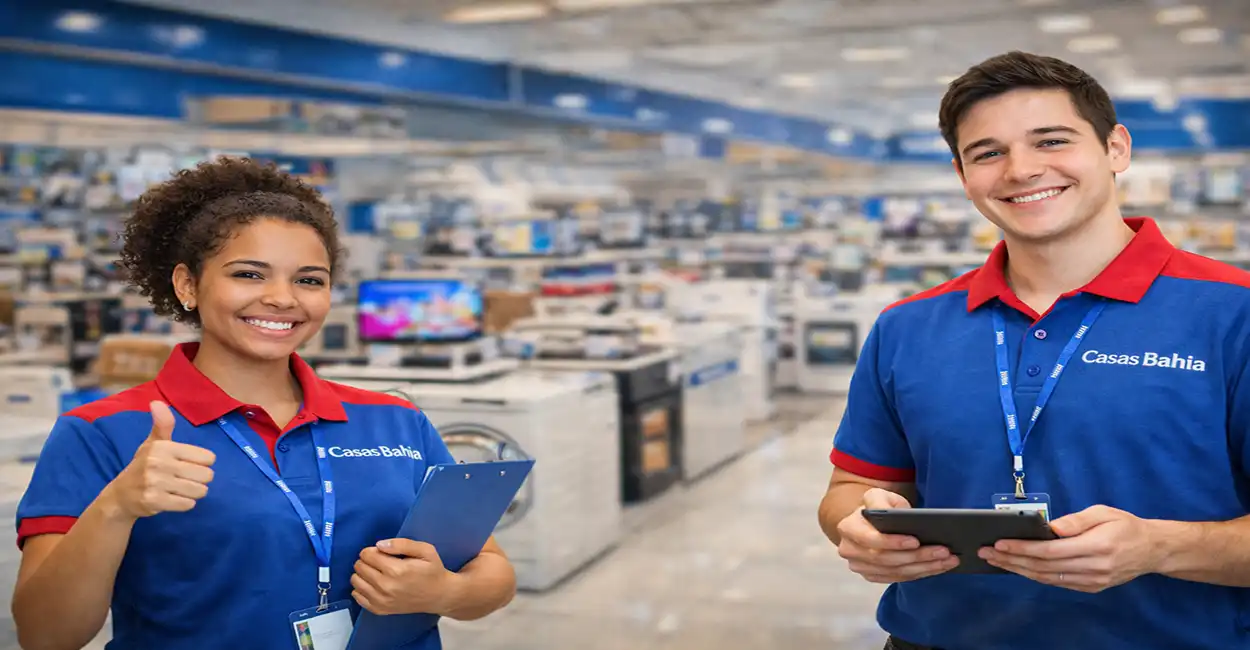 Jovem aprendiz da Casas Bahia usando uniforme e atendendo cliente na loja