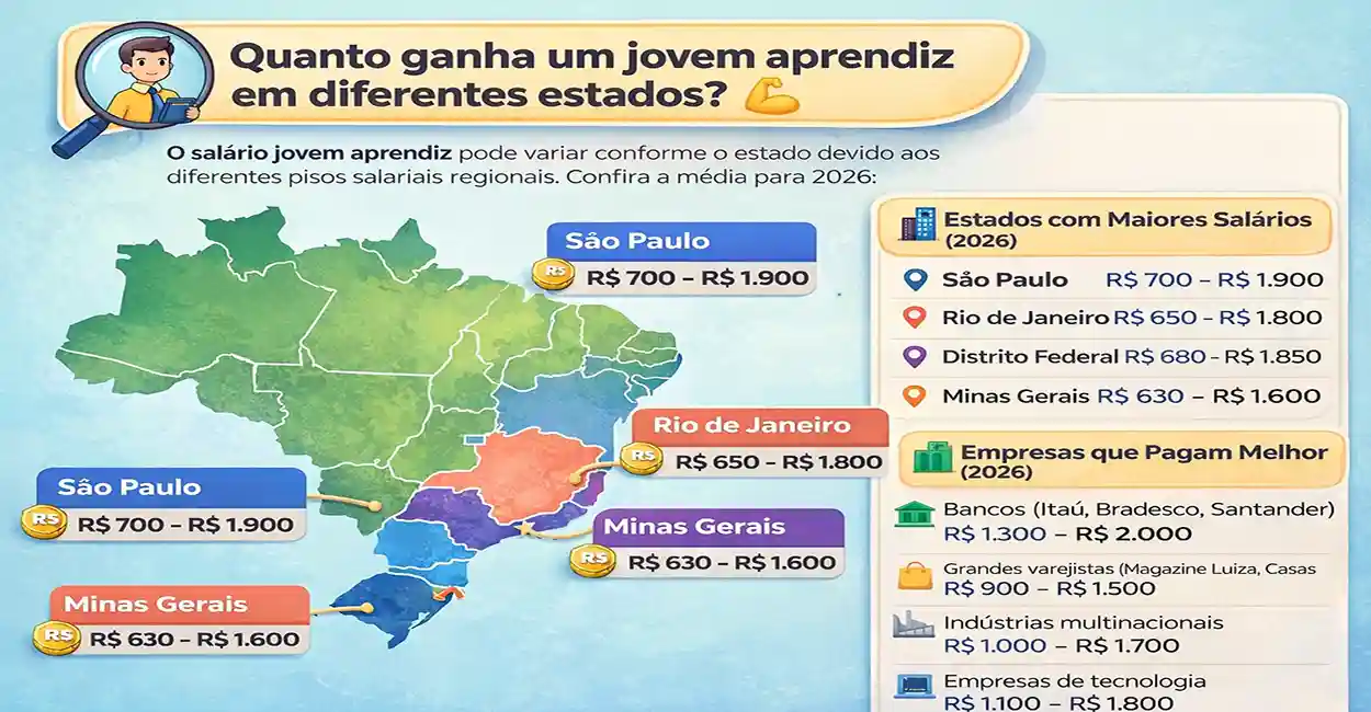 Comparativo de salários do Jovem Aprendiz em diferentes estados do Brasil em 2026