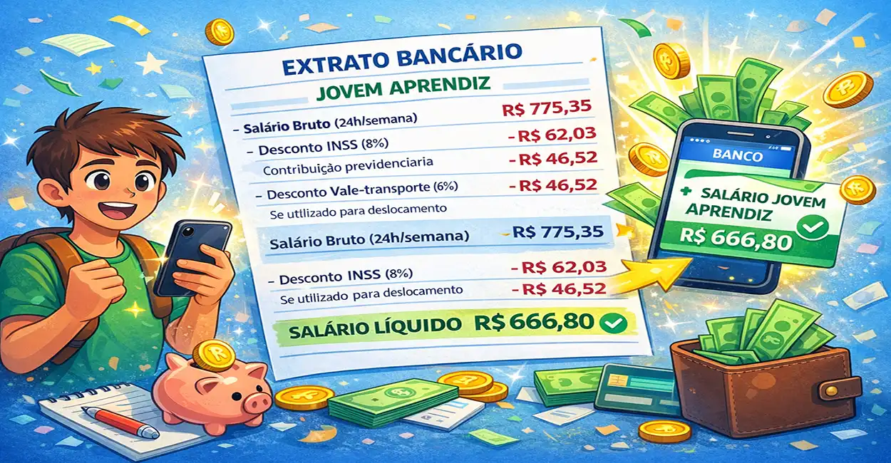 Extrato bancário mostrando o salário líquido do Jovem Aprendiz caindo na conta em 2026