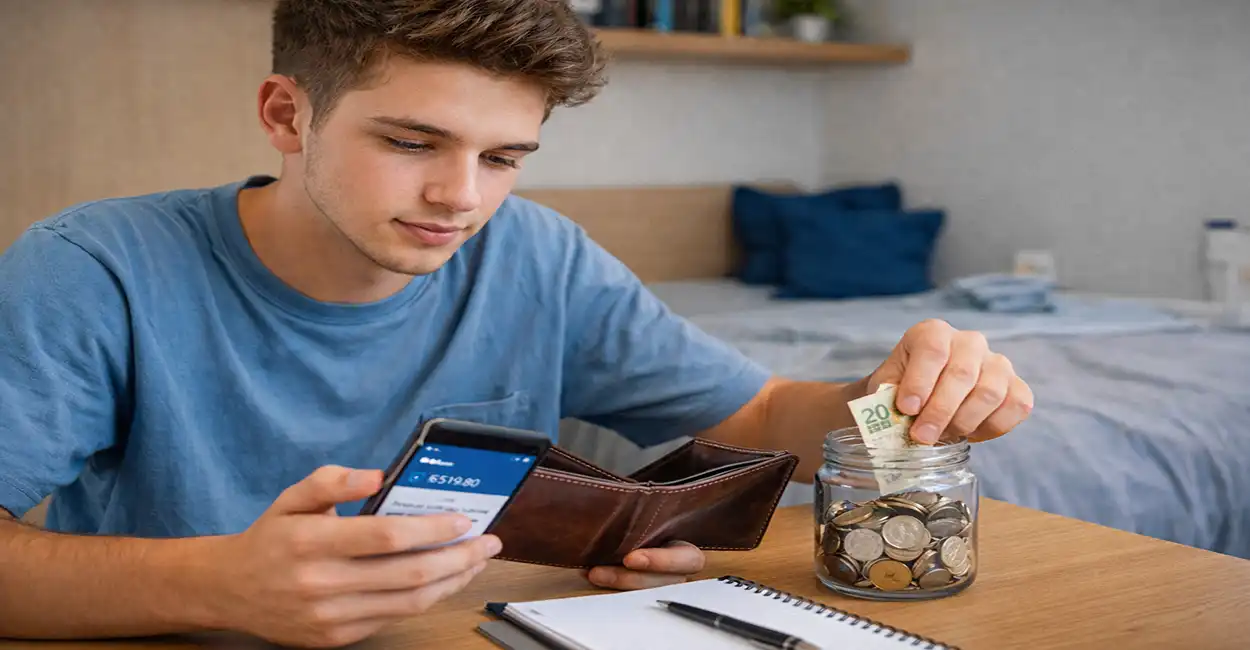 Jovem aprendiz analisando finanças no celular com moedas e bloco de notas - economia com salário baixo