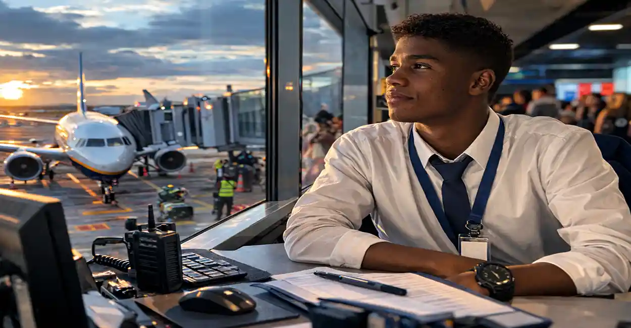 Jovem aprendiz uniformizado da LATAM Airlines trabalhando no aeroporto