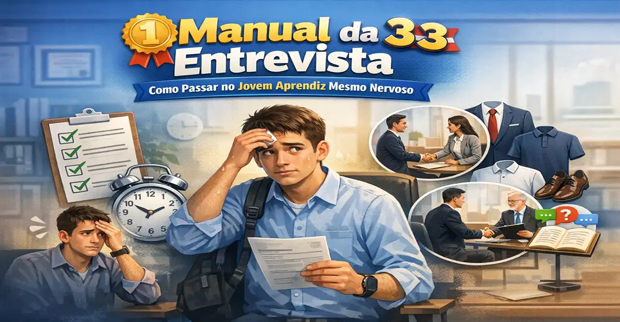 Jovem em entrevista de emprego com postura confiante, sorrindo e mantendo contato visual com recrutador