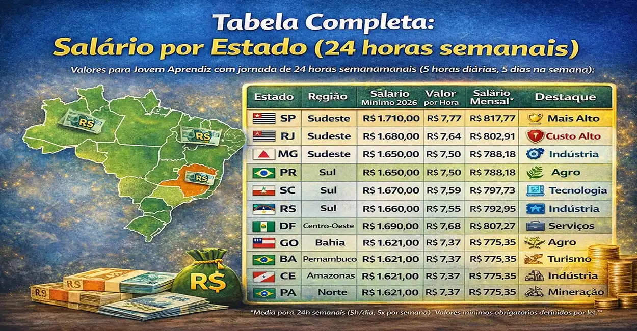 Mapa do Brasil colorido mostrando variação salarial do Jovem Aprendiz por estado em 2026